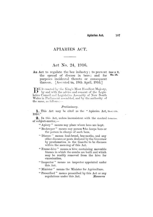 An Apiaries Act 1916, New South Wales, Australia