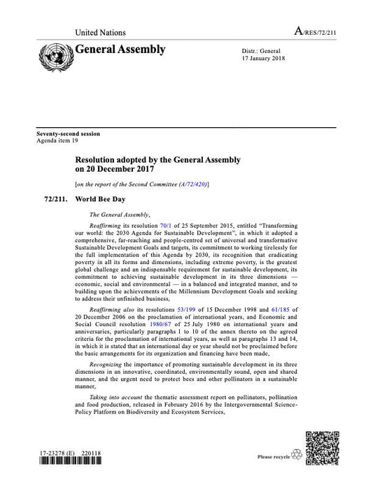 World Bee Day, 2018, United Nations